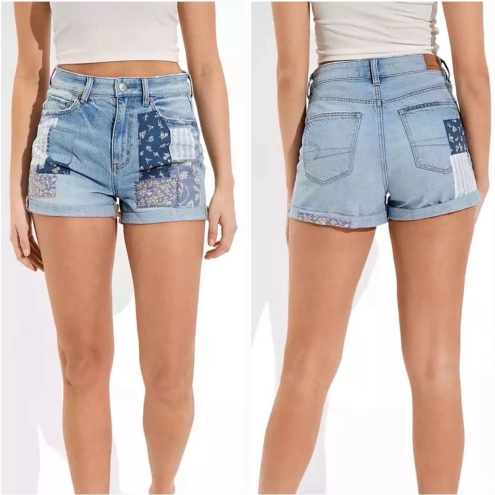 American Eagle Women's Blue Patchwork Denim Mom Shorts Size 6